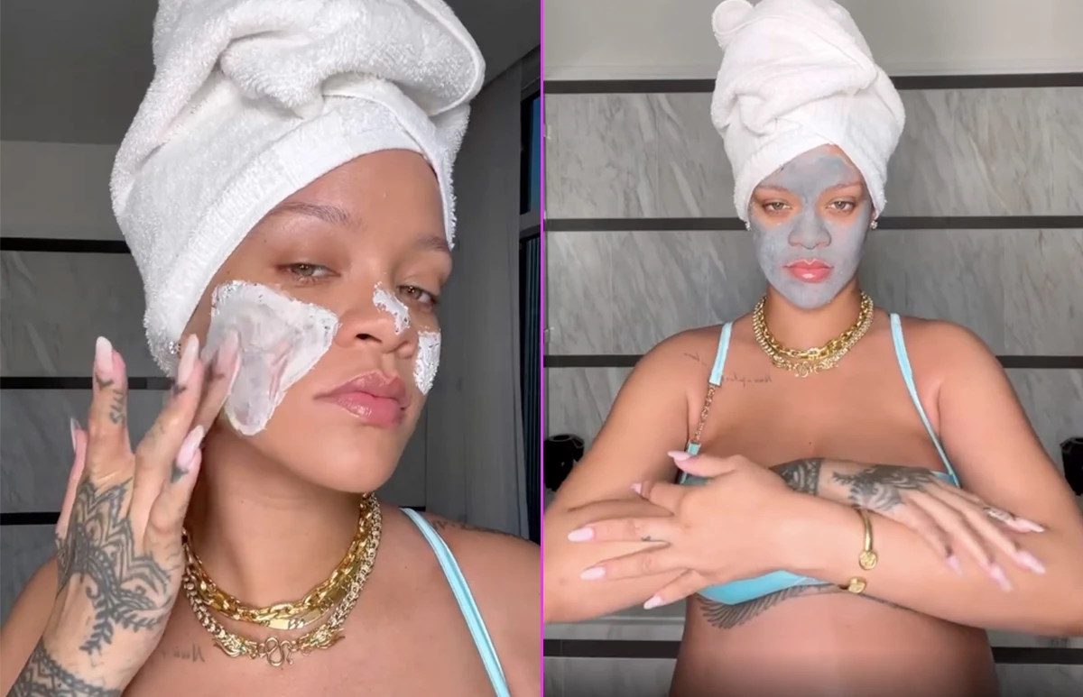 Rihanna muestra su rutina de skincare y presume su panza de embarazo